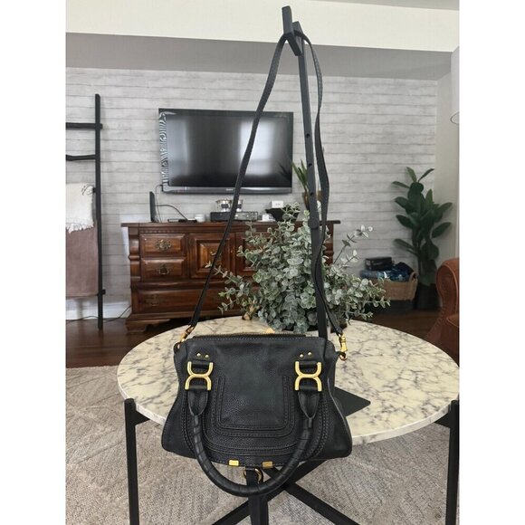 Chloe Dark Navy Pebbled Leather Marcie Satchel Womens Bags Size Medium Authentic - Picture 4 of 15